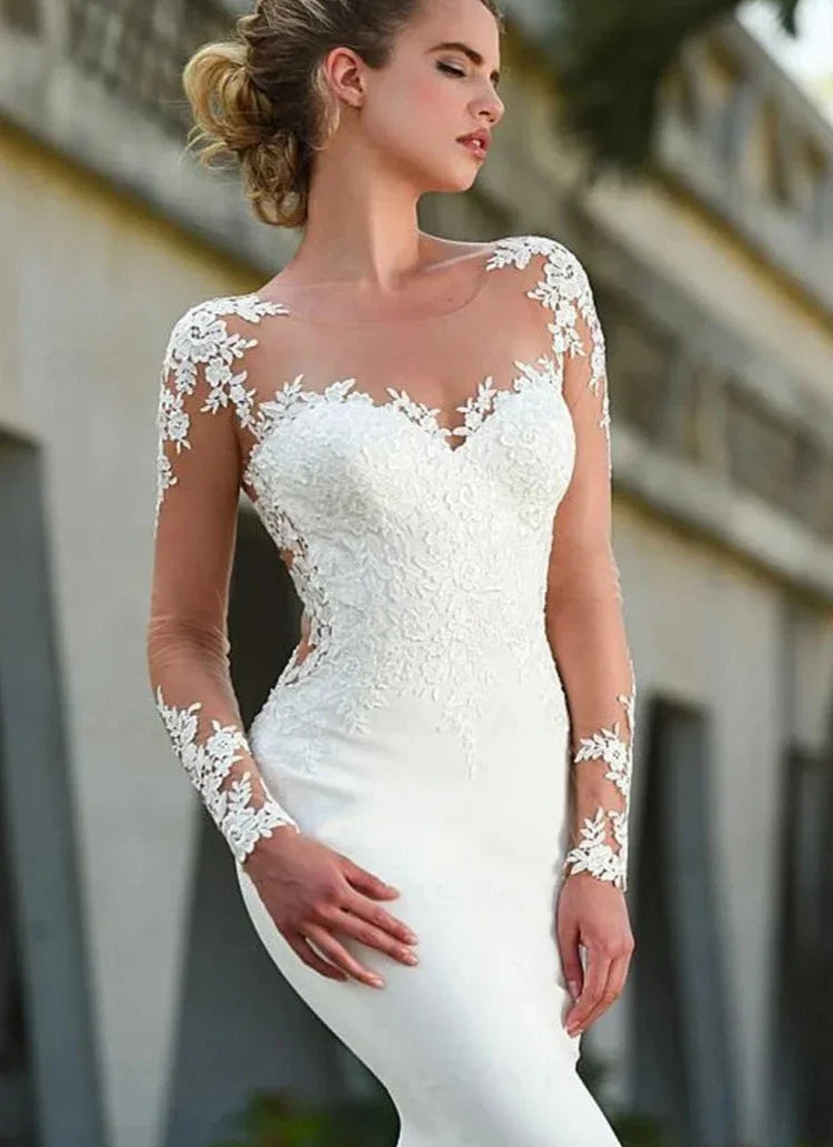 Long Sleeves Sheer Lace Appliques Mermaid Wedding Dresses Bridal Gowns See Through Back With Buttons Back Simple