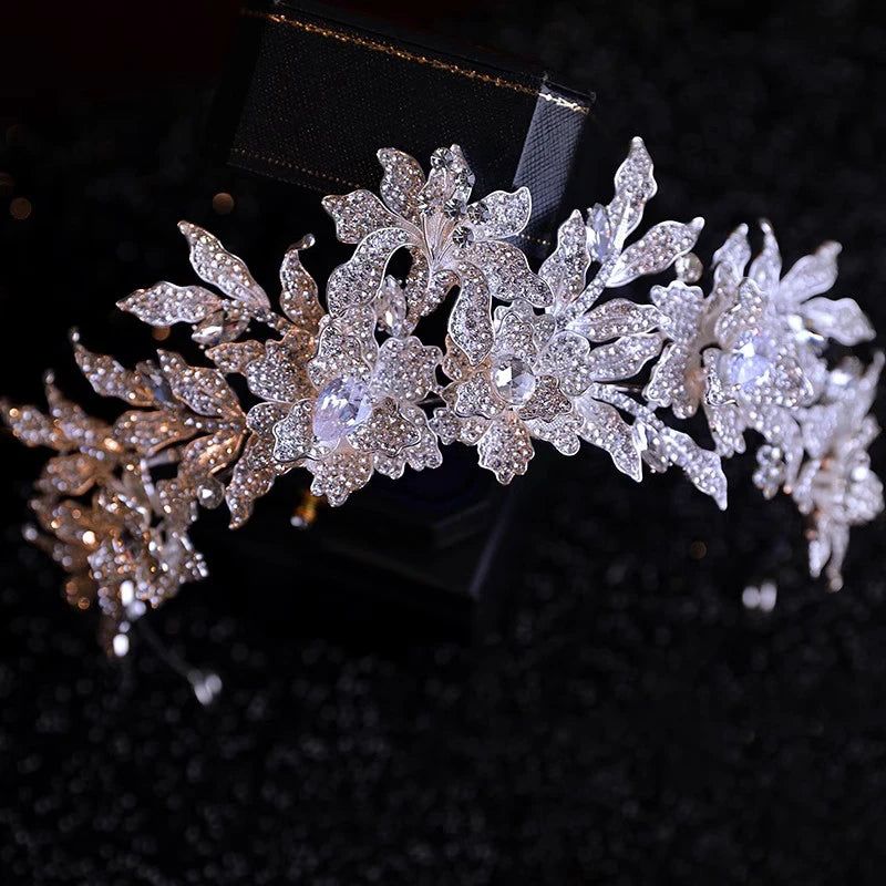 Flower Leaf Tiaras and Crowns Rhinestones Zircon Diadem Brides Pageant Prom Headpiece Bridal Jewelry Wedding Hair Accessories