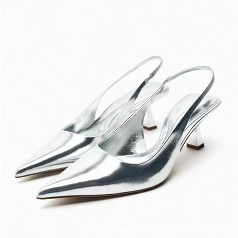 Women silvery pointed mules low heel slingback summer rear strap flat beach shoes fashion – Pollyanna Events