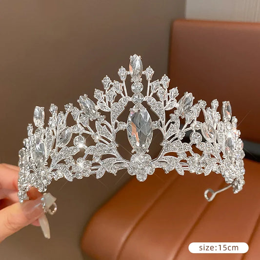 DIEZI Women Girls Silver Color Crown Headwear Korean Crystal Tiara Fashion Birthday Dress Rhinestone Crown Hair Accessories