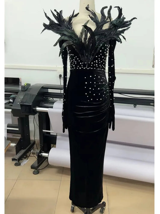 New Women Luxury Sexy Long Sleeve Feather Pearl Velvet Black Maxi Long Gowns Dress Elegant Celebrity Evening Party Club Dress