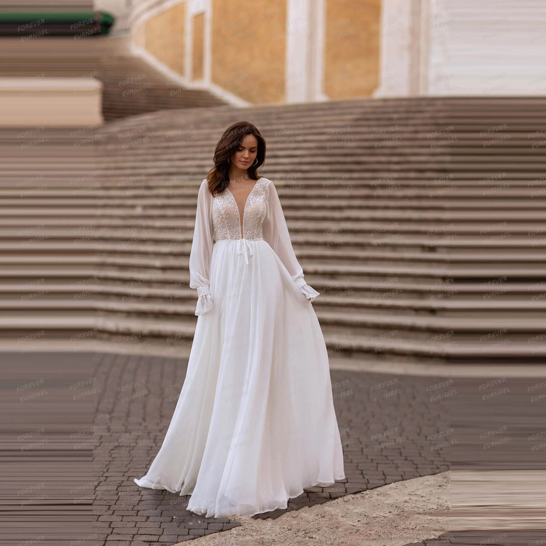 Classic A Line Wedding Dresses Woman Sexy Illusion Sequined V Neck Long Sleeve Bride Gowns Chiffon Vestidos De Novia Customized