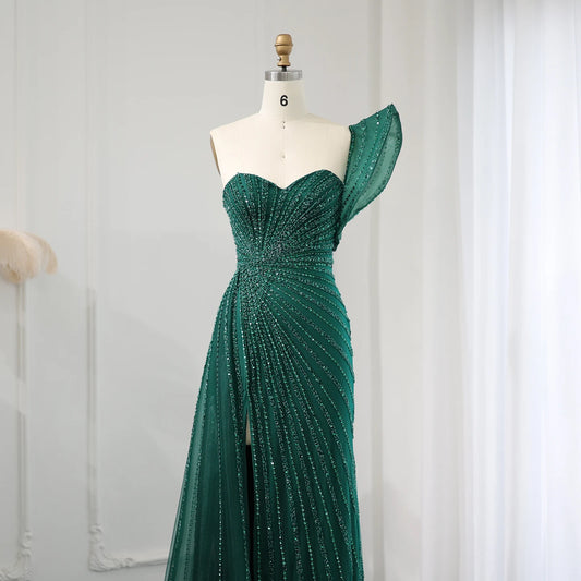 Emerald Green One Shoulder Mermaid Evening Dresses for Women Wedding Party High Slit Long Prom Formal Gowns SS201