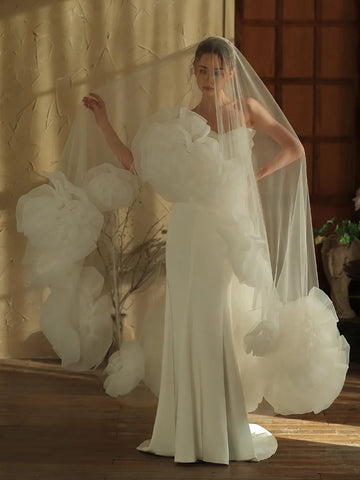 Luxury Long Bridal Veil Rose Flower Lace Wedding Veils For Evening Party Dress Women Girl Hair Accessories Brides Jewelry