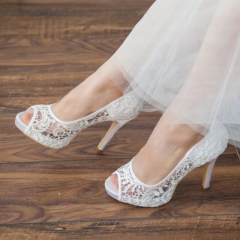 2024 New Women White Lace Wedding Shoes Female Sexy Fish Mouth High Heels Shoes Bride Dress Banquet Shoes Platform Heels