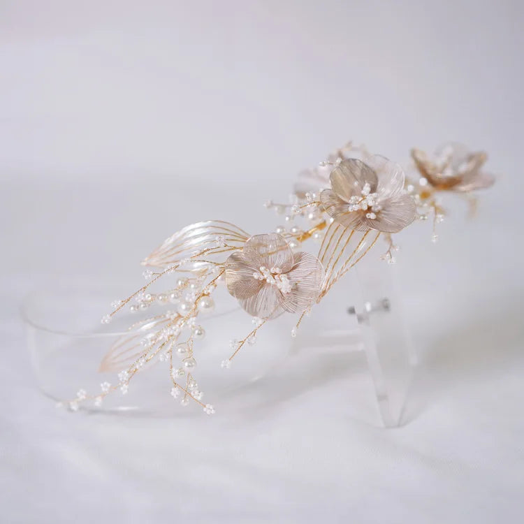 Bridal Hair Accessories Gold Color Headband Headpiece Pearl Hairband For Women Bride Flower Leaf Headdress Crown Wedding Jewelry