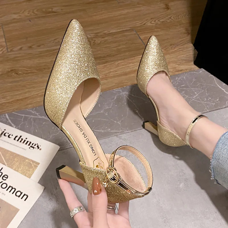 Bling gold silver women pumps sexy pointed toe thin heel party wedding summer ankle strap high heels shoes – Pollyanna Events