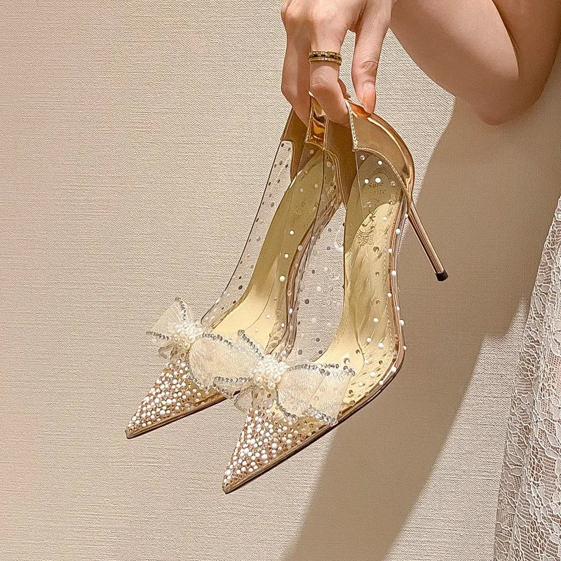 Stiletto pointed toe bridal wedding shoes rhinestone bow baotou high heeled sandals women banquet – Pollyanna Events