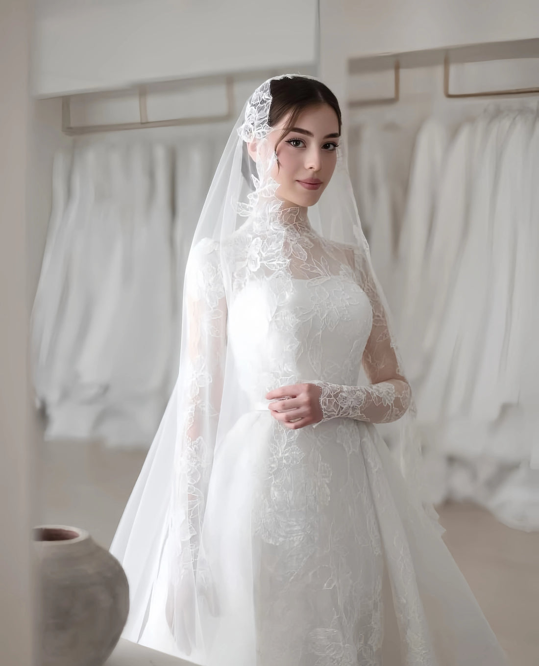 Customzie high-neck long-sleeved A-LINE lace elegant wedding dress vestidos de novia amanda novias amanda novias official