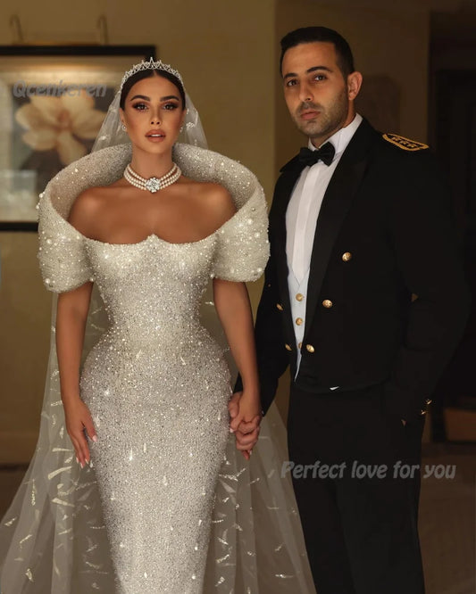 Luxurious Mermaid Wedding Dress Pearls Sequins Custom Made Off The Shoulder Bridal Gowns Vestido De Novia For Women