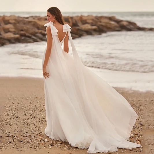 Spiaggia abiti da sposa a-line v al collo maniche abiti da sposa da sposa a fila senza fila di cerniera senza cornice in chiffon vestidos de novi 2024