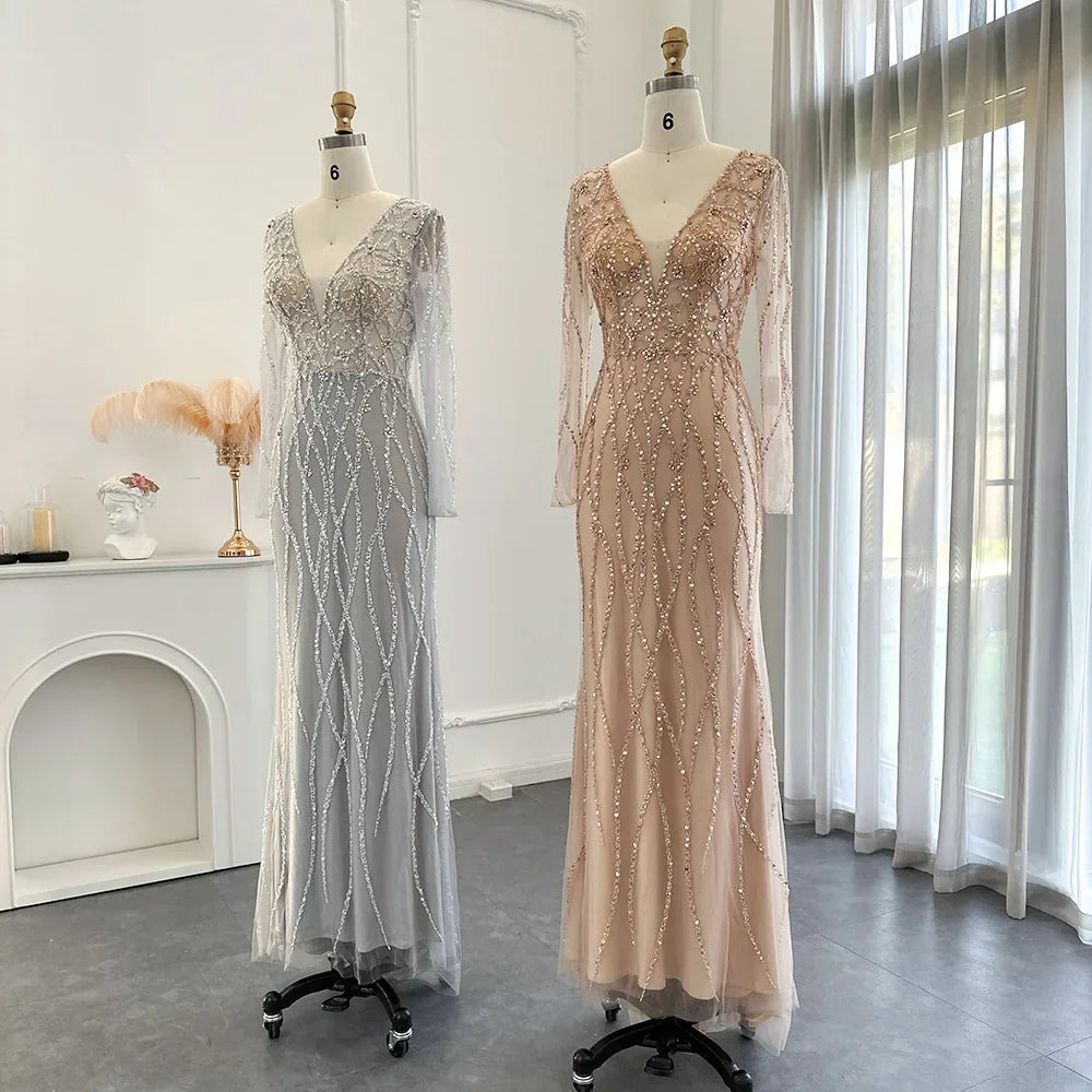 Sharon Said Silver Long Sleeve Mermaid Evening Dress Luxury Beading Long Blush Pink Prom Party Dresses for Women Wedding SS223