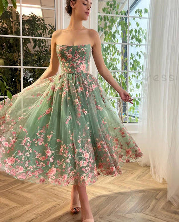 Sage Green Tulle Prom Dresses for Teens Girls with Pink Lace Embroideries Tea-Length Birthday Party Dress A-Line فساتين السهرة