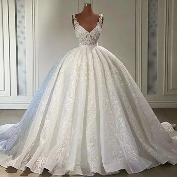 Customized  Sexy V-Neck Lace Ball Gown Wedding Dresses 2025 Beading Robe Mariage Appliques Vintage Bridal Gown Vestidos De Novia