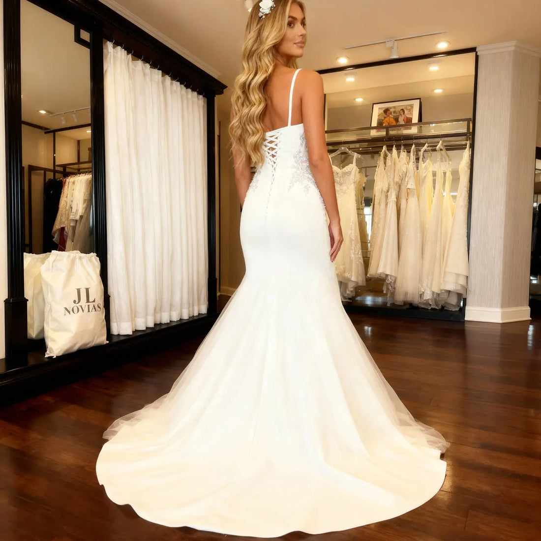 Romantic V Neck Sheath Beaded Wedding Dresses For Women Vestidos Novia Satin Mermaid Backless Bridal Party Gown For Bride
