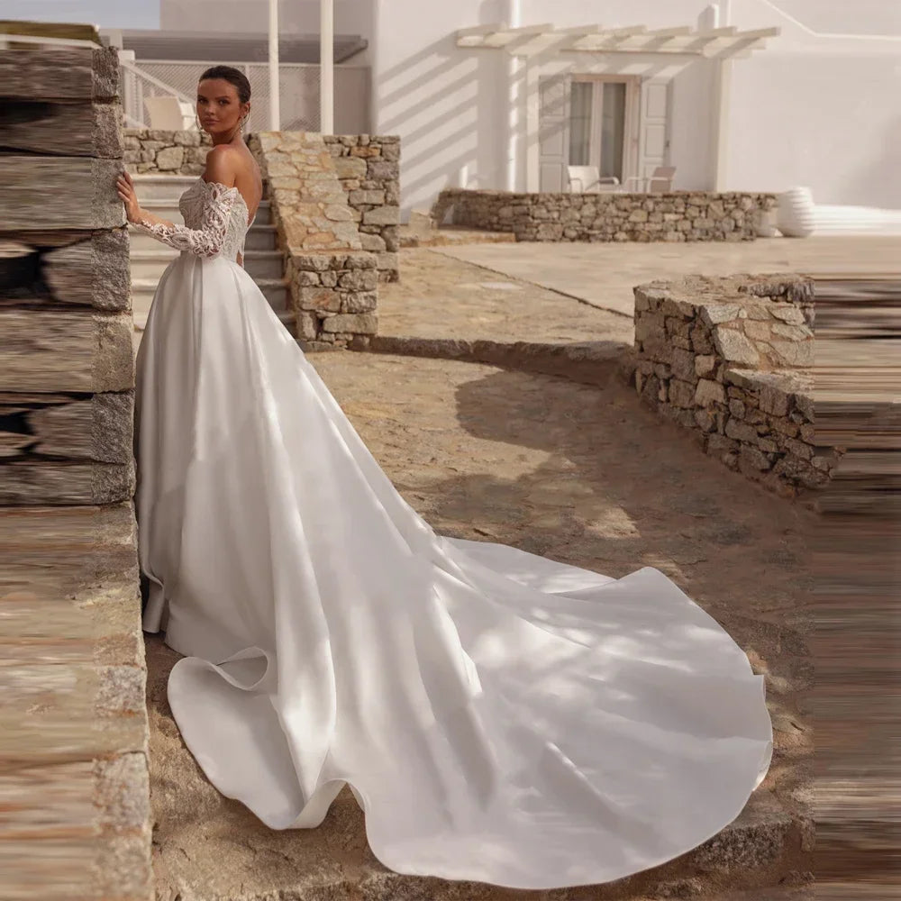 Customized A-Line Satin Wedding Dresses For Women Lace Long Sleeves Bride Dress Formal Lace Applique Vestidos De Novias