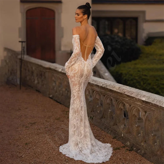 Charming Mermaid Lace Wedding Dresses With Long Sleeves Women Sweetheart Bride Dress Sexy Backless Off Shoulder Bridal Gowns