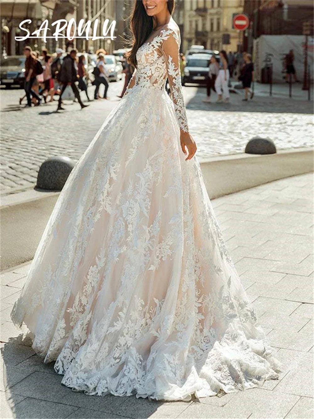 White tulle long sleeves lace appliques sheer neckline button closure custom bridal gown bride dresses – Pollyanna Events