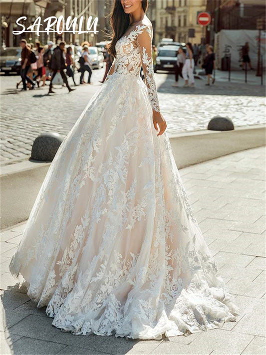 Vestido de noiva de tule branco mangas compridas com apliques de renda de decote puro de decote fechamento vestido de noiva de noiva