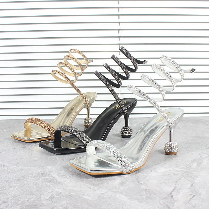 Shoes For Women Summer Luxury Women's Snake Pattern Winding Sexy Thin High Heels Sandals Fashion Crystal Nightclub Wedding Shoes