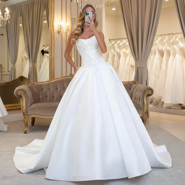 Elegant Satin Beaded Pearl Wedding Dress For Women Strapless A Line Bridal Party Gown Long Ball Gown For Bride Vestidos Novia
