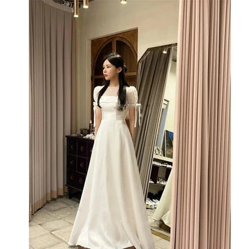 Custom New Wedding Dress Simple A-Line Short Sleeves O-Neck Bridal Gown Floor Length for Wedding Reception Vestido De Novia
