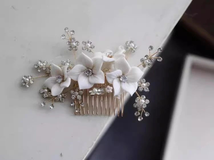 Bridal Jewelry Porcelain Flower Hair Comb Head Piece Brides Party Dinner Dress Crystal Rhinestones Hairpin Wedding Accessories
