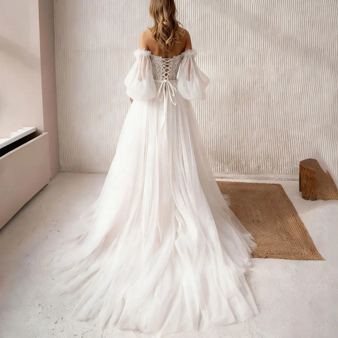 Romantic Beaded Tulle Lace Wedding Dresses Long Sleeve Ball Gown For Bride Blackless Puffy Bridal Gown For Women Vestidos novia