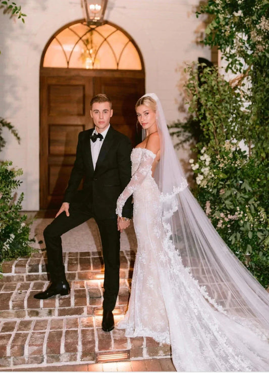 Mermaid Beach Wedding Dresses with Long Sleeve Full Lace Off Shoulder Hailey Bieber Summer Holiday Backless Bridal Gowns