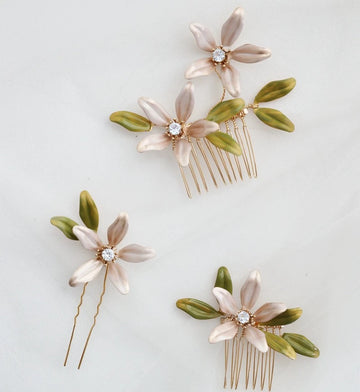 Bridal Jewelry Flower Hair Comb Pin Clip Gold Color Hairpin For Brides Leaf Crystal Rhinestones Head Pieces Wedding Accessories