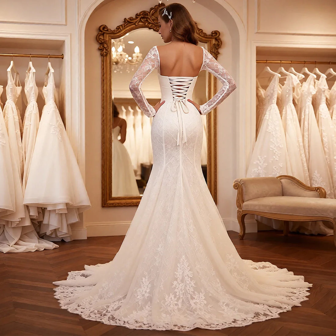 Elegant Sheath Lace Appliques Beaded Wedding Dresses With Train Long Sleeve Mermaid Bridal Party Gown For Women Vestidos Novia