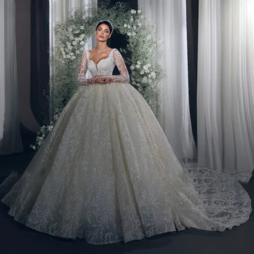 customized Luxury A Line Bridal Gowns 2024 V-Neck Long Sleeve Sequins Lace Wedding Dress High Quality Princess Bride Dresses