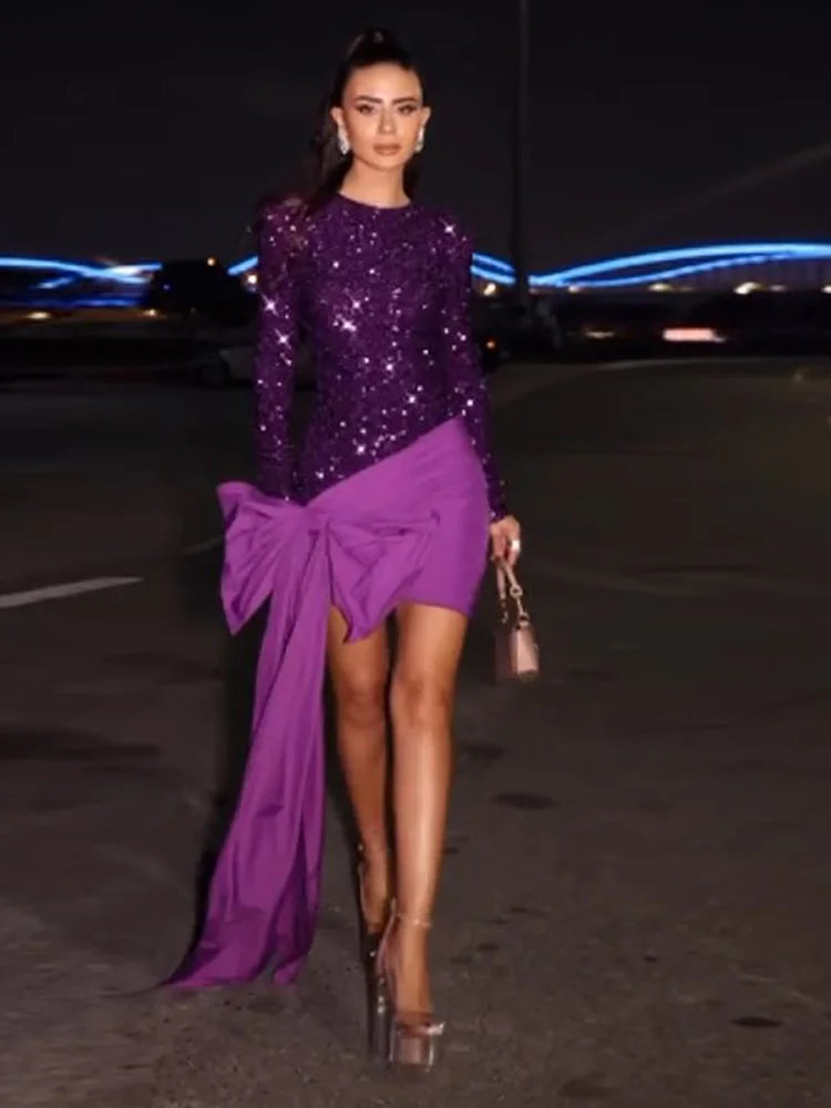 Sexy Shiny Sequin Bow Ribbon Patchwork Mini Dress Chic O-neck Long Sleeves Vestidos 2024 Lady Elegant Party Date Evening Gown Purple