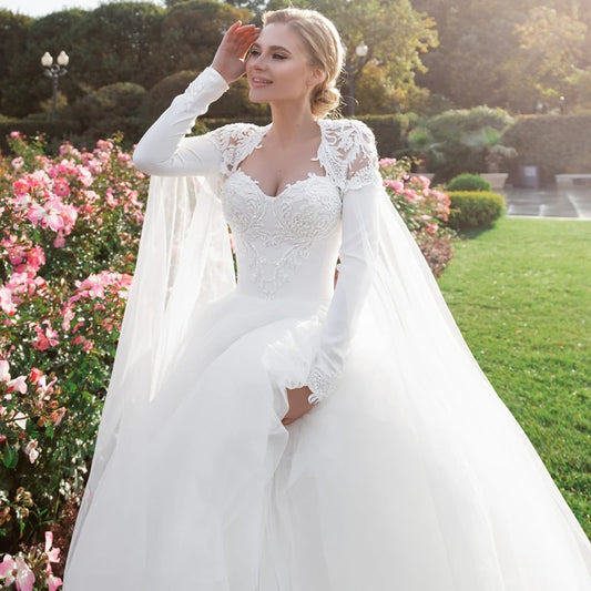 2024 Princesa Sweetheart Lace Sleeve Dress Sweep Train Vestido de Novia Satin Cap Straps Novo vestido de noiva elegante