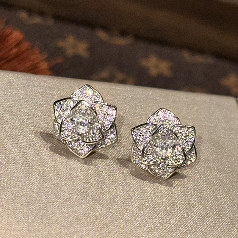 Luxury Rose Flower AAA Zircon Bridal Earrings Cubic Zirconia Wedding Earring For Bride Women Accessories Jewelry Party Dress