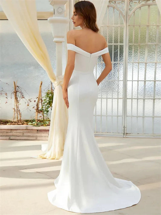 White Off Shoulder Bodice Mermaid Wedding Dress Elegant Open Back Zipper Floor Length Sweep Train Gowns For Bride