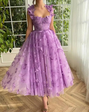 3D Butterfly Tulle Tea Length Prom Dresses Women Fairy Lace Embroidery A Line Prom Evening Gown Slim Waist Vestidos De Noche