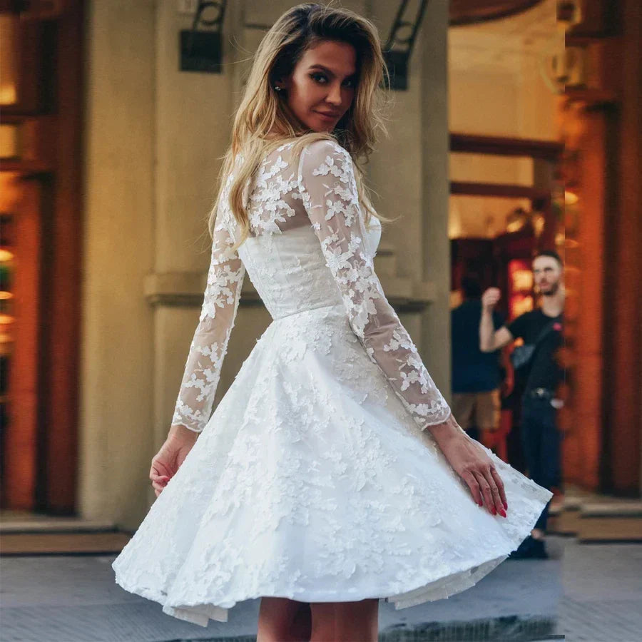 Popular scoop neck full sleeves lace applique short wedding dress 2026 bridal party gown – Pollyanna Events
