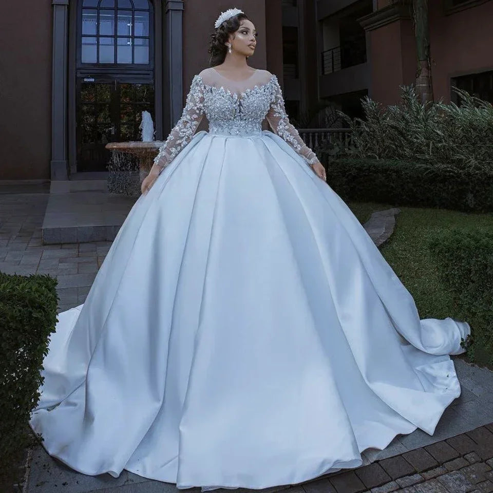 Customized Luxury Satin Wedding Dress For Women Glitter Long Sleeve Princess Pearls Africa Bridal Gown Vestidos De Novia