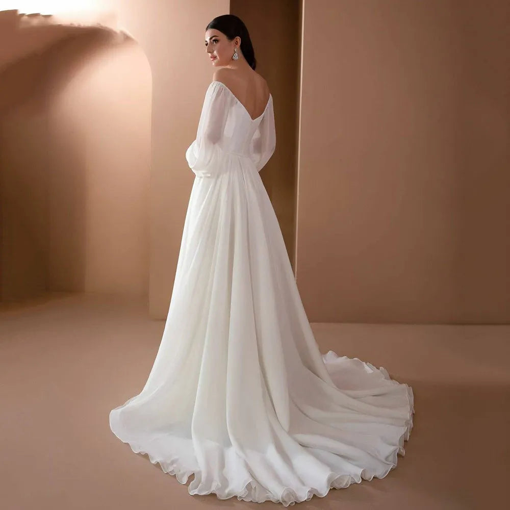 Simple strapless puff sleeves backless chiffon bridal gown robe de mariee court train elegant women – Pollyanna Events