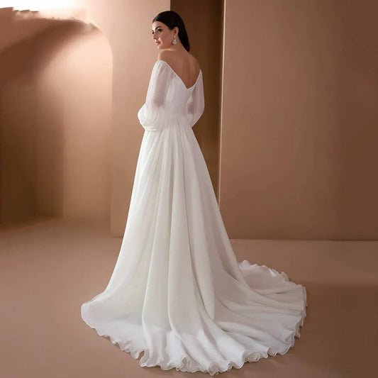 Eenvoudige strapless trouwjurken Puff Mouwen Backless Chiffon Bridal Jurken Robe de Mariee Court Train voor elegante vrouwen