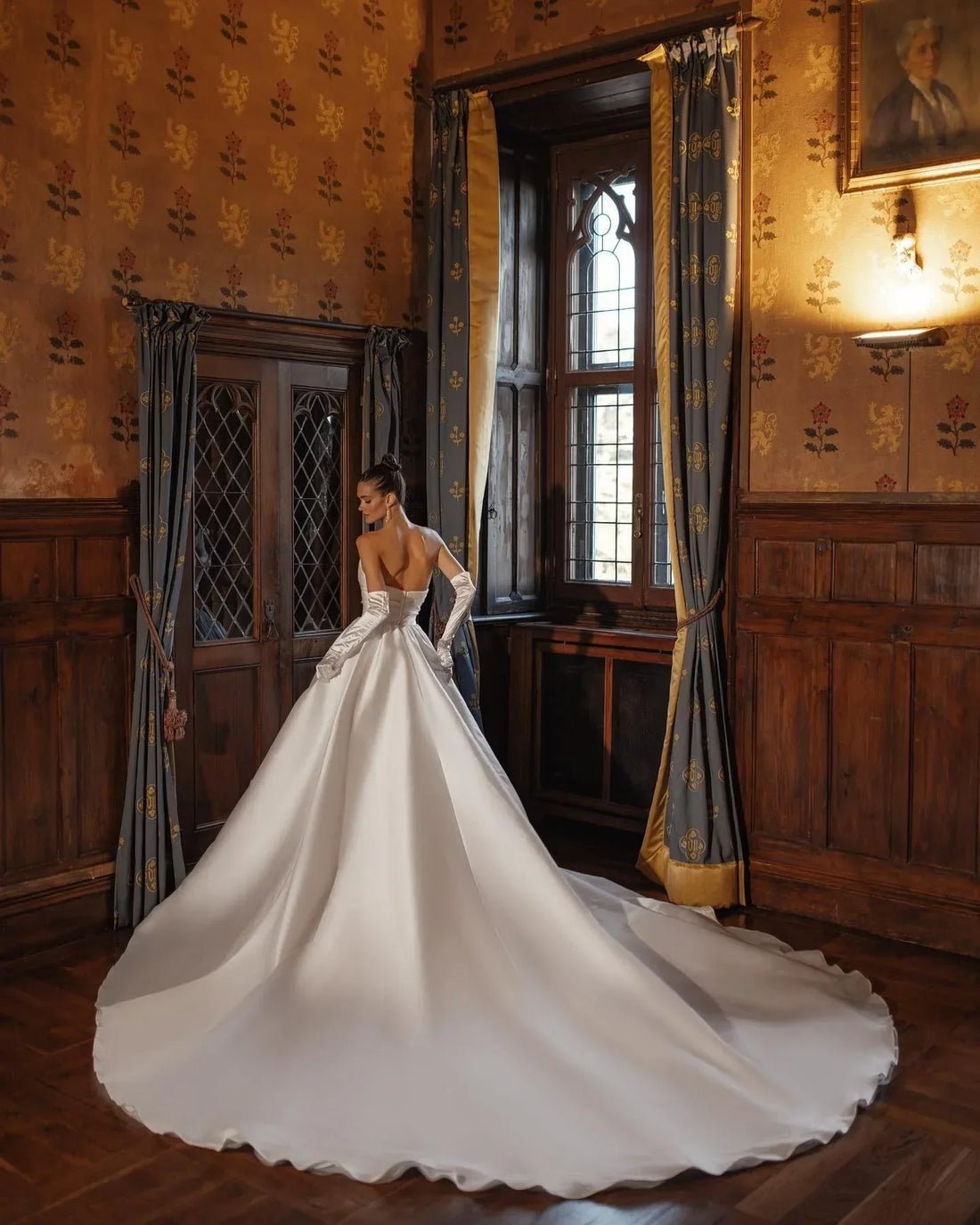 Elegant A-line church strapless pleats satin gloves bridal gown wedding dress – Pollyanna Events