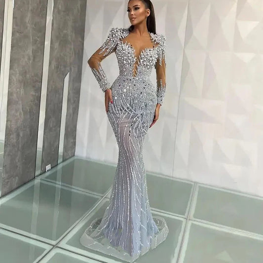 Full Beaded Sexy V Neck Mermaid Evening Dresses Long Sleeves Formal Occasion Gowns Grand Party Dresses For Wedding Robes Soirée
