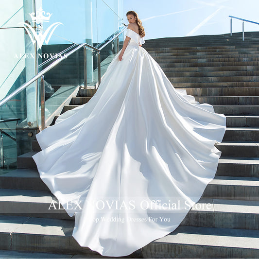 Satin Wedding Dresses  Vintage Off Shoulder Boat Neck Cathedral Train Wedding Gown Vestidos De Novia