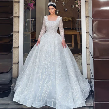 Customized Luxurious Wedding Dress Beading Princess Ball Gown Full Sleeve Square Collar Vestido De Novia amanda novias official