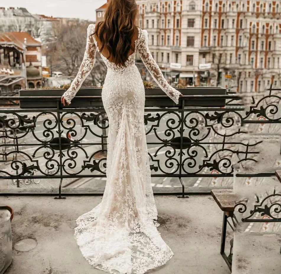 Mermaid Classy Wedding Dress For Women Lace Appliques Off  Shoulder Bride Gown Long Sleeve Bridal Robes Backless Robe De Mariée