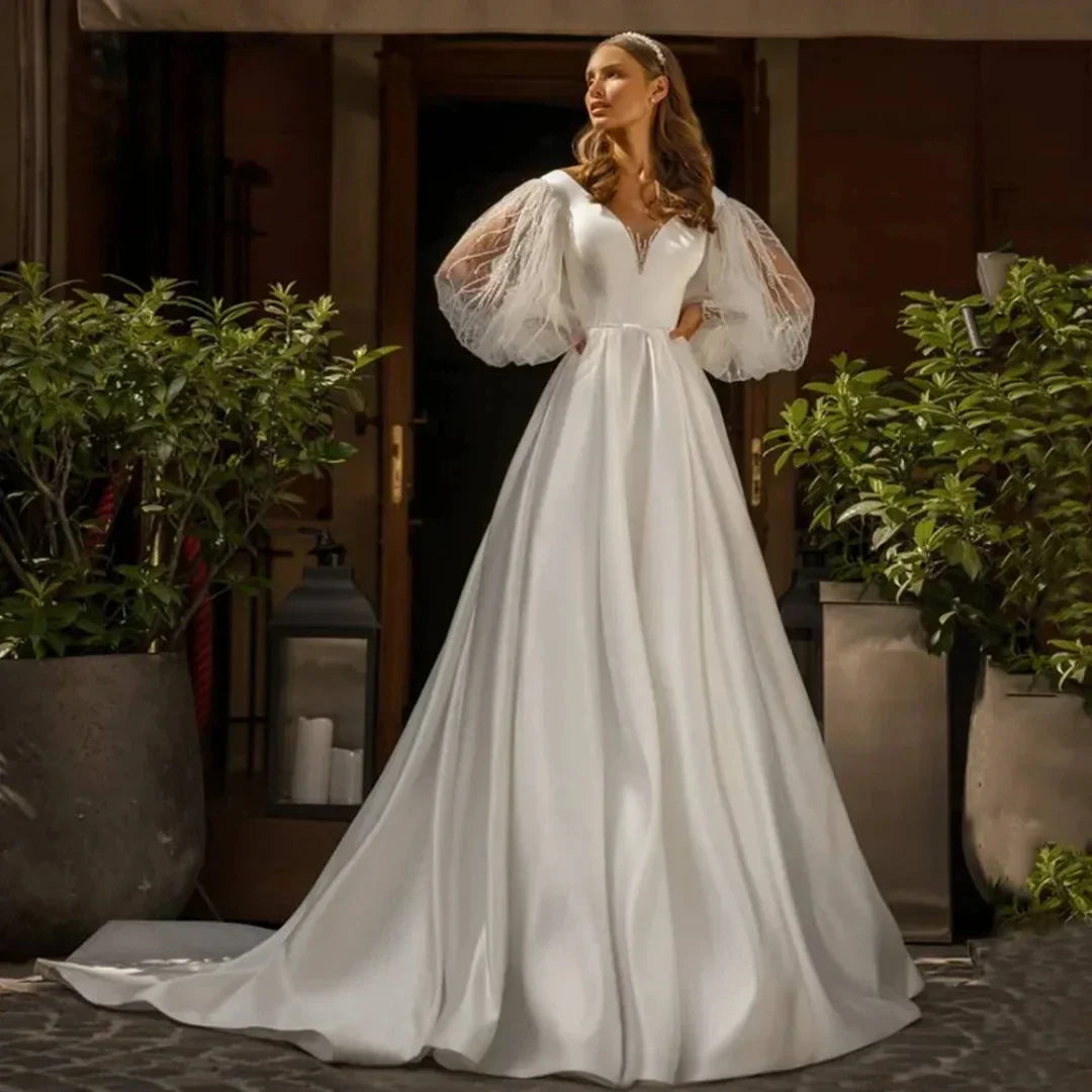 Romantic satin puffed sleeves V-neck beading lace A-line bridal gown wedding dress 2026 – Pollyanna Events