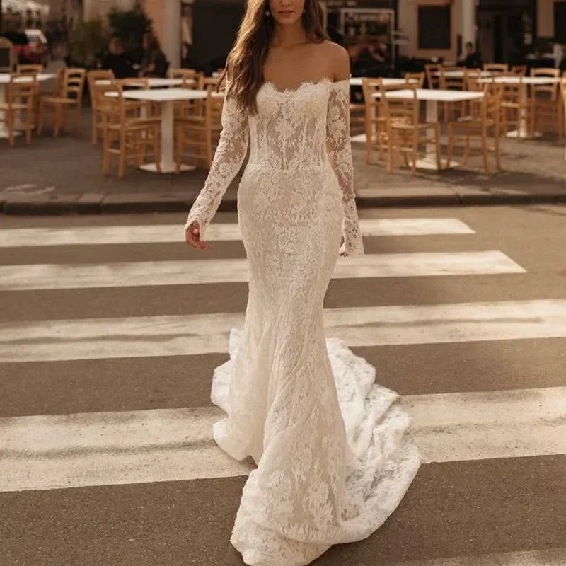 Customized ivory white Long sleeves Wedding Dresses Off Shoulder Lace applique Detachable Tail Bridal Gowns Vestido De Novia