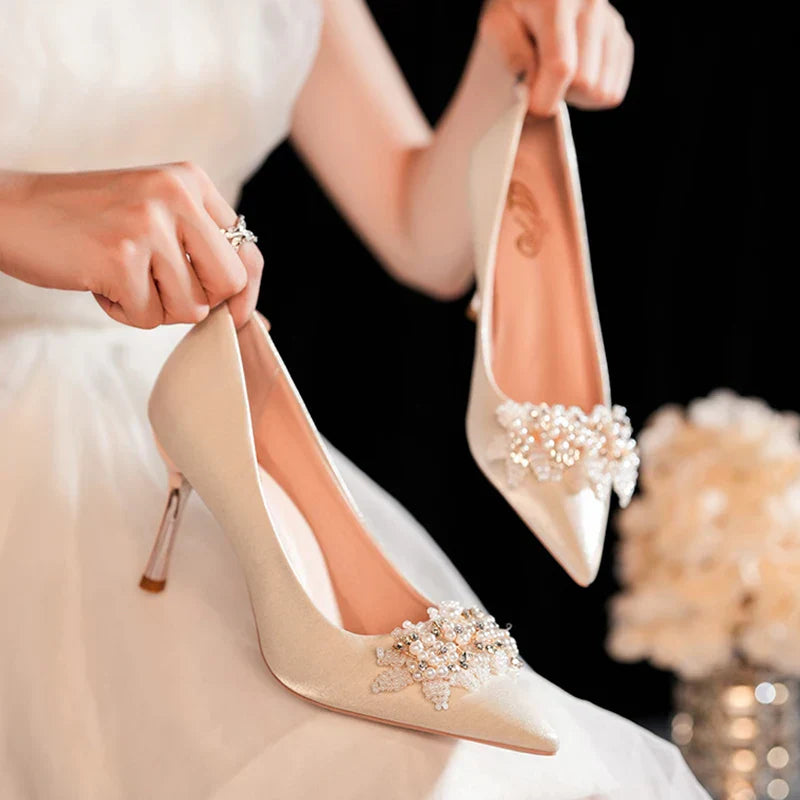 Women pearls high heels elegant silk thin heeled wedding shoes slip on pointed toe party dress – Pollyanna Events
