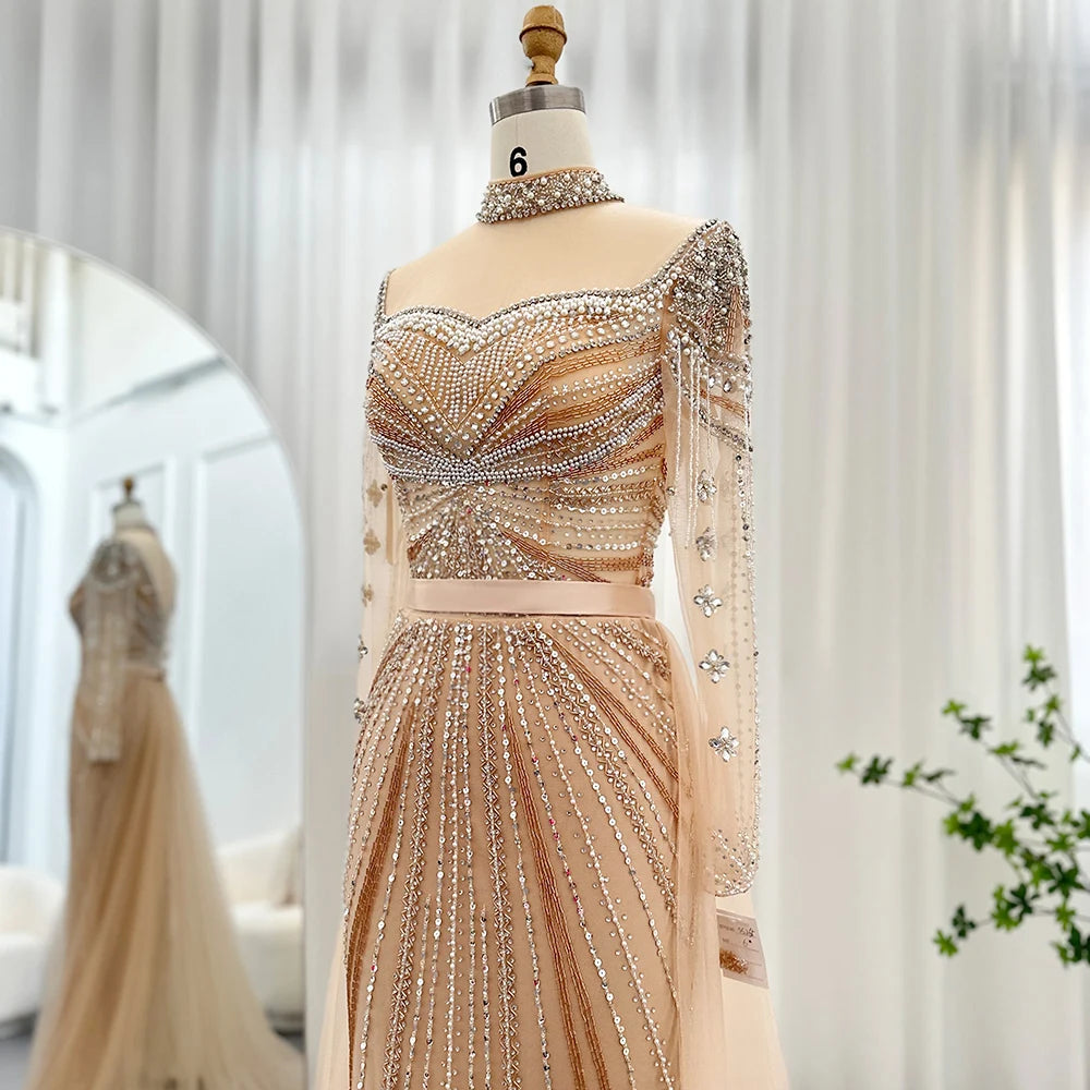 Luxury Champagne Mermaid Dubai Evening Dress with Detachable Overskirt